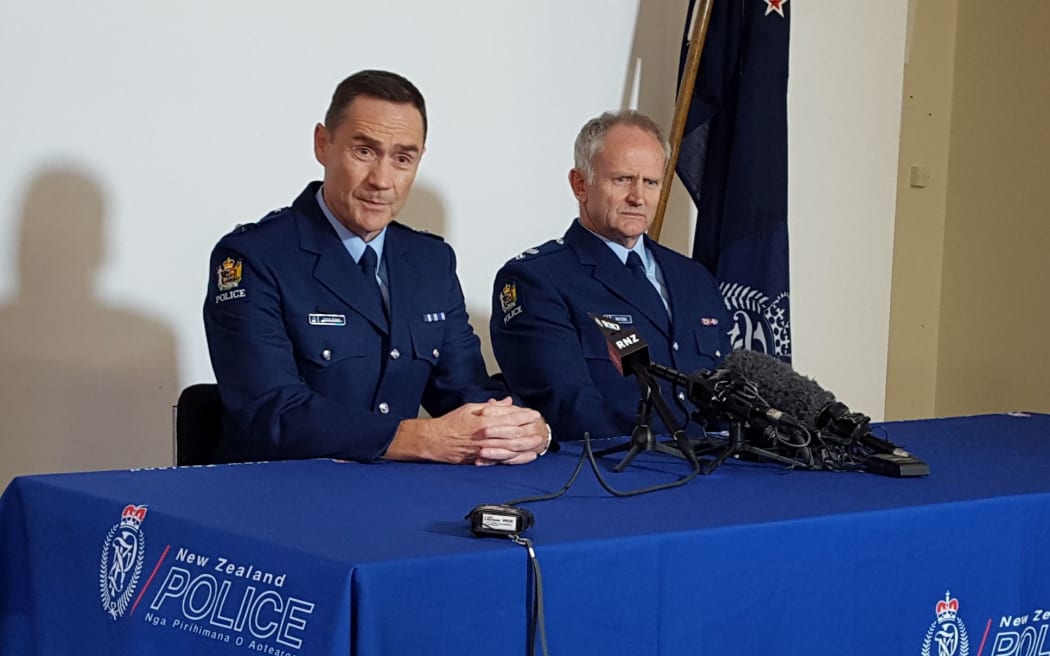 Superintendent Steve Kehoe with Waikato District Commander superintendent Bruce Bird speak to the media about the death of Nicky Stevens.