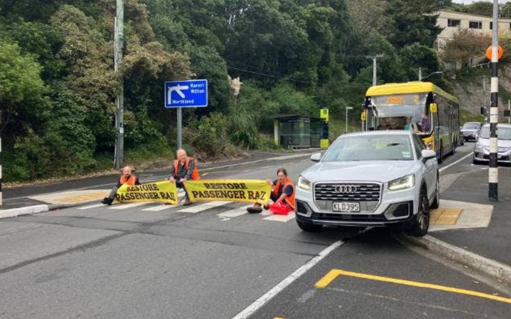 Protesters on Glenmore St at the city end of the Karori tunnel. Wellington, 3 May 2023