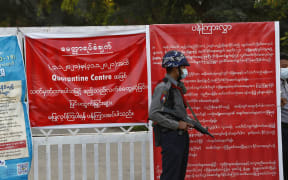 Myanmar's military stand guard at around Sin Bin Guest House in Naypyitaw, Myanmar.