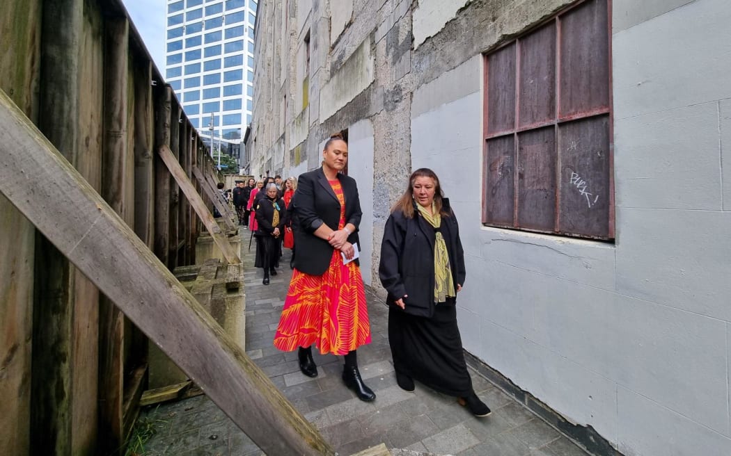 Minister for Arts, Culture and Heritage Carmel Sepuloni tours the St James site with Ngāti Whātua Ōrakei Trust Chair Marama Royal.