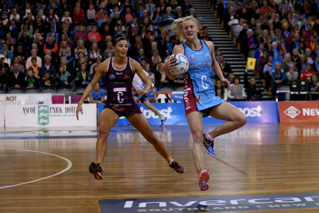 Shannon Francois of the Steel gets the ball ahead of Kim Ravaillion of the Firebirds in an earlier ANZ match in Dunedin.