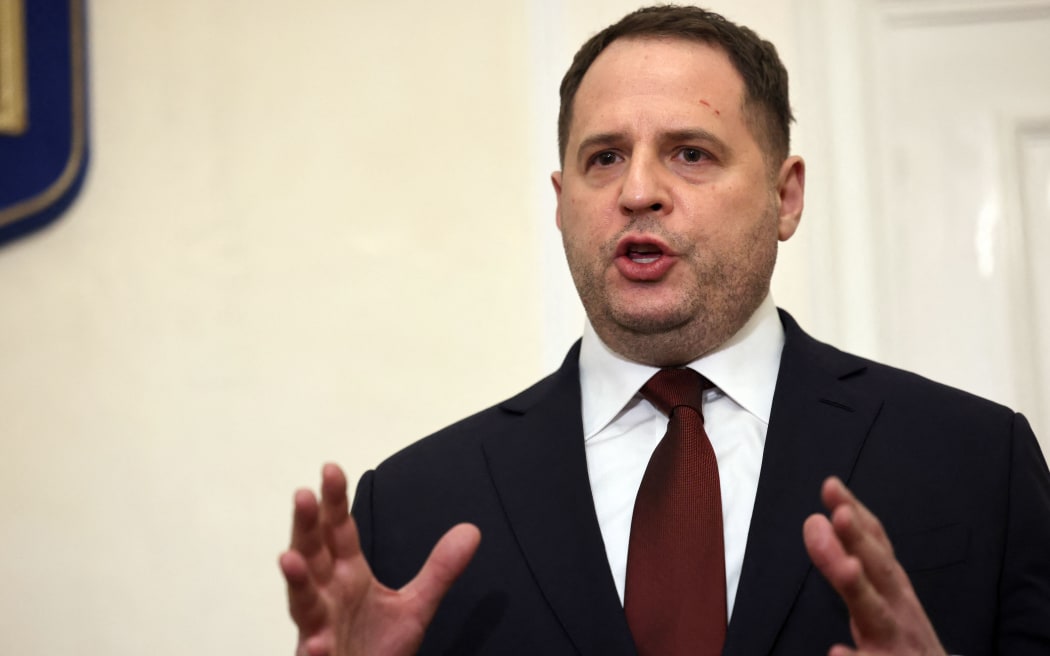 Ukraine's presidential advisor Andriy Yermak speaks during a press conference at the Ukrainian Ambassador's residence, in Paris on January 26, 2022. - Russian and Ukrainian delegations met in Paris for talks on January 26, 2022, in a bid to defuse soaring tensions, with France seeking to usher both sides down a "path to de-escalation".  Separate talks between Russia and the United States have been held in recent weeks to discuss Russian security demands in Europe, including that Ukraine should never become a member of the US-led NATO military alliance. (Photo by Thomas COEX / AFP)