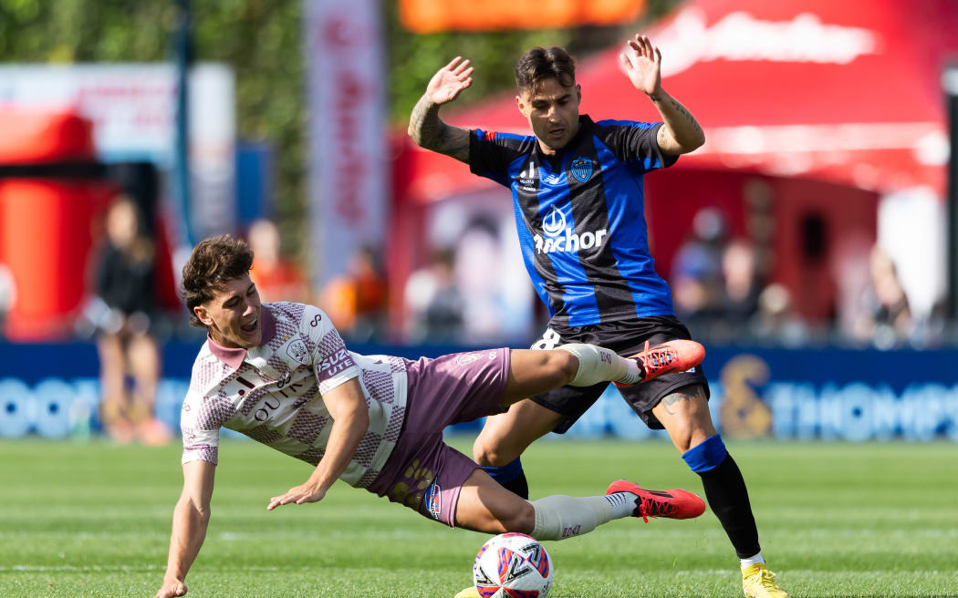 Auckland FC Felipe Gallegos takes down Brisbane Roar Keegan Jelacic during the A-League football match between Auckland FC v Brisbane Roar held at Go Media Stadium, Mt Smart - Auckland - New Zealand on Saturday.  19 October 2024.
Photo credit: Brett Phibbs / www.photosport.nz