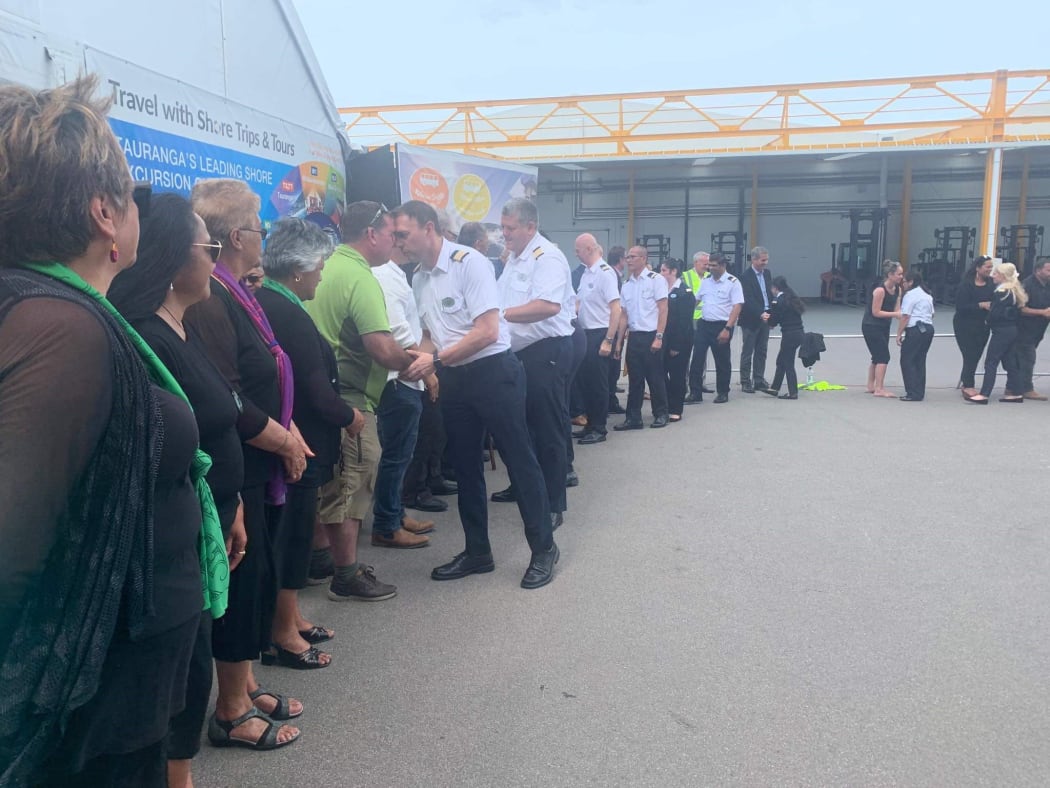 Hundreds of passengers, crews and mana whenua gathered for the karakia farewelling the cruise liner Ovation of the Seas.