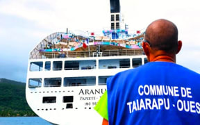 The Aranui , floating Olympics village and hotel for the surfing event, has moored at Vairao on Friday 19 July 2024