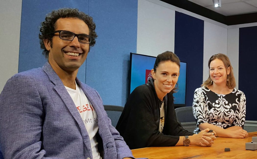 Geoff Simmons, Jacinda Ardern and Julie-Ann Genter in RNZ's Auckland studio for a live debate ahead of 2017's Mount Albert by-election.