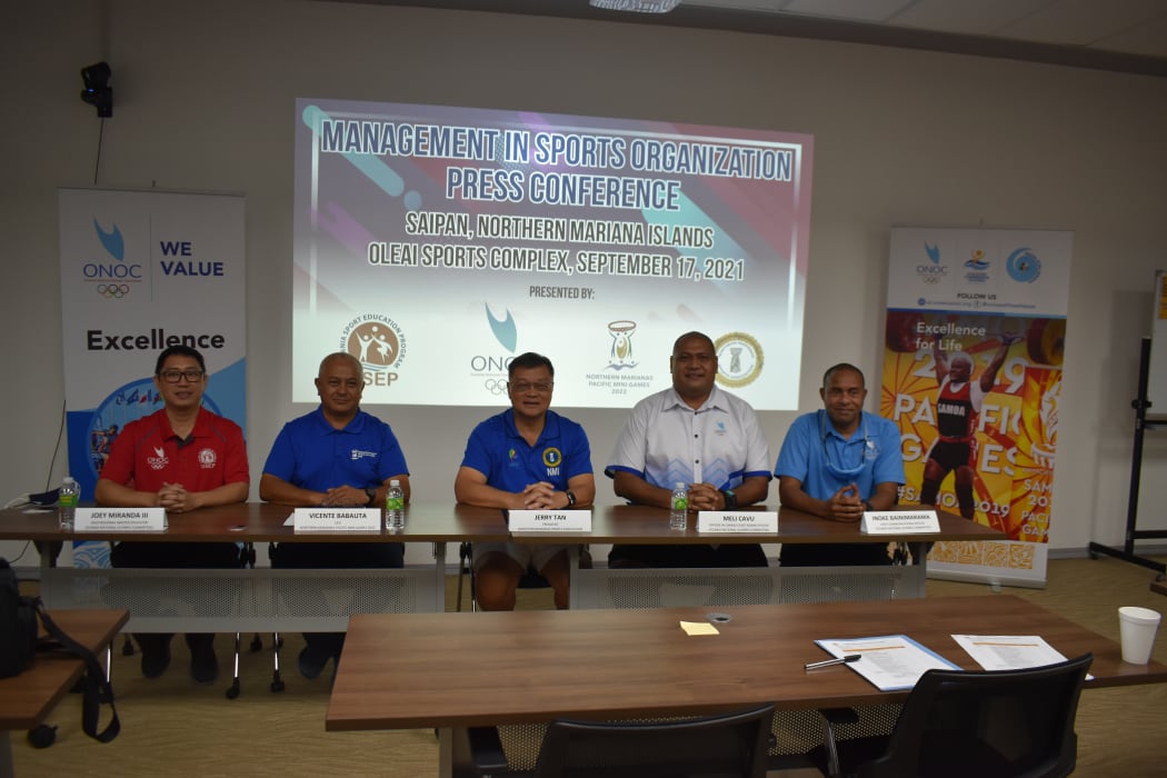 Northern Marianas Sports Association President Jerry Tan (c) with Oceania National Olympic Committee officials.