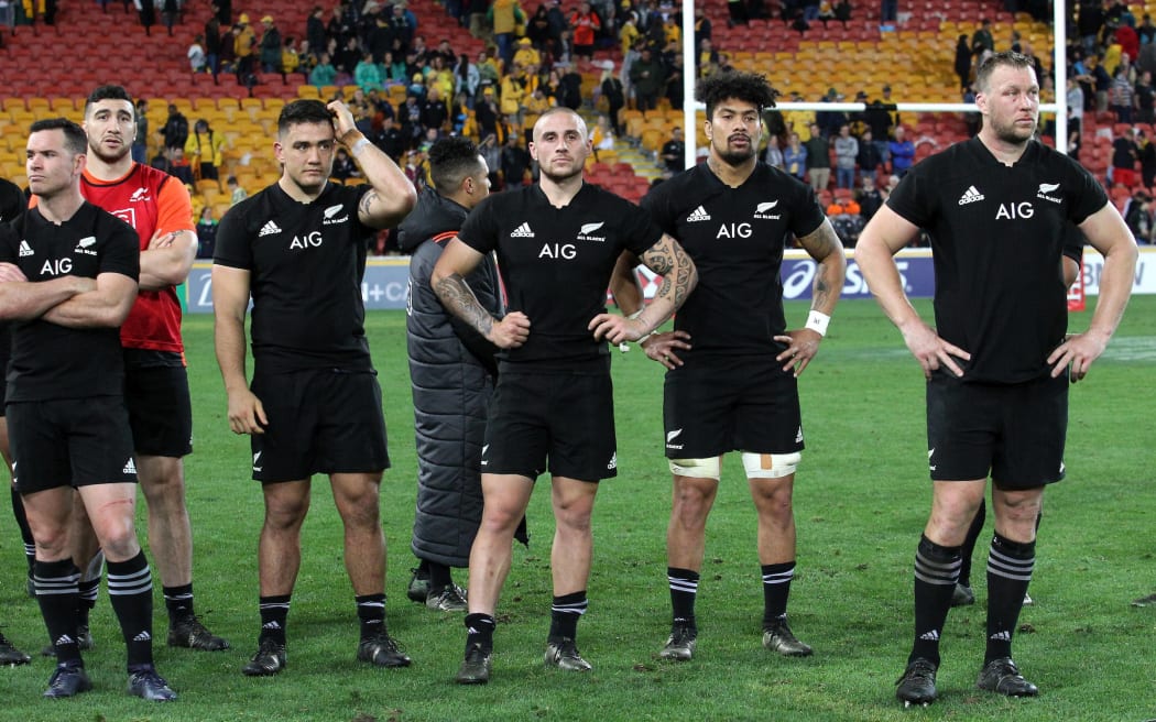 All Blacks players after losing to the Wallabies in the third Bledisloe Cup test. They face an uphill battle to reclaim their undefeatable reputation.