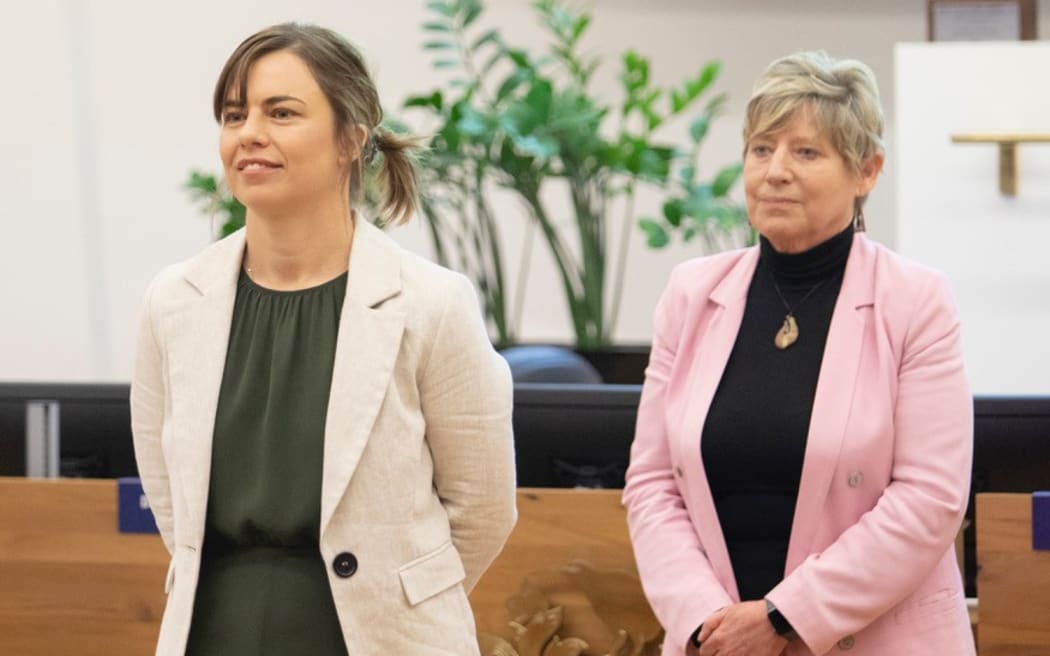 Christchurch City councillor Celeste Donovan, left, with retiring mayor Lianne Dalziel  - at Donovan's swearing-in in October 2021
