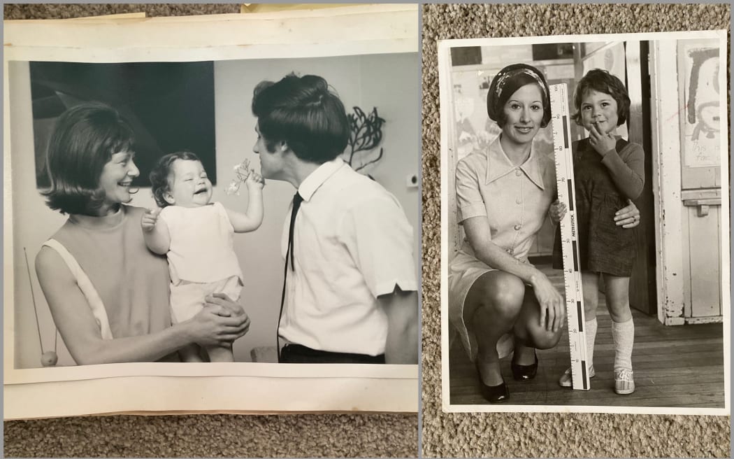 Left: Jeannie with her parents George and Elspeth. Right: Jeannie's first day of school with her teacher Sally Barrett.