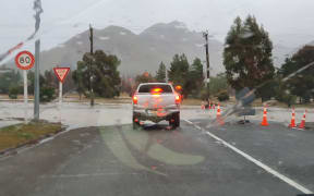 Flooding on the road near Otematata on Tuesday 19 July.