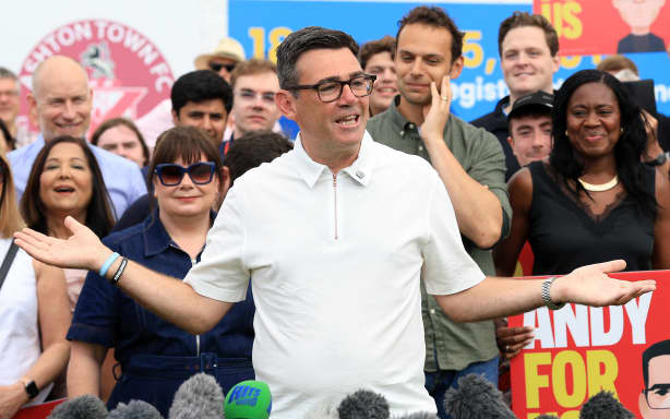 New Makerfield Labor Party MP Andy Burnham speaks to supporters and members of the media, the morning after his by-election victory, at Ashton Town FC in Ashton, Makerfield, northwest England, June 19, 2026. Andy Burnham, Britain's former Labor politician, emphatically won a crucial by-election on Friday, securing a parliamentary seat and paving the way for a widely anticipated leadership challenge against the embattled prime minister Keir Starmer. (Photo by Darren Staples / AFP)