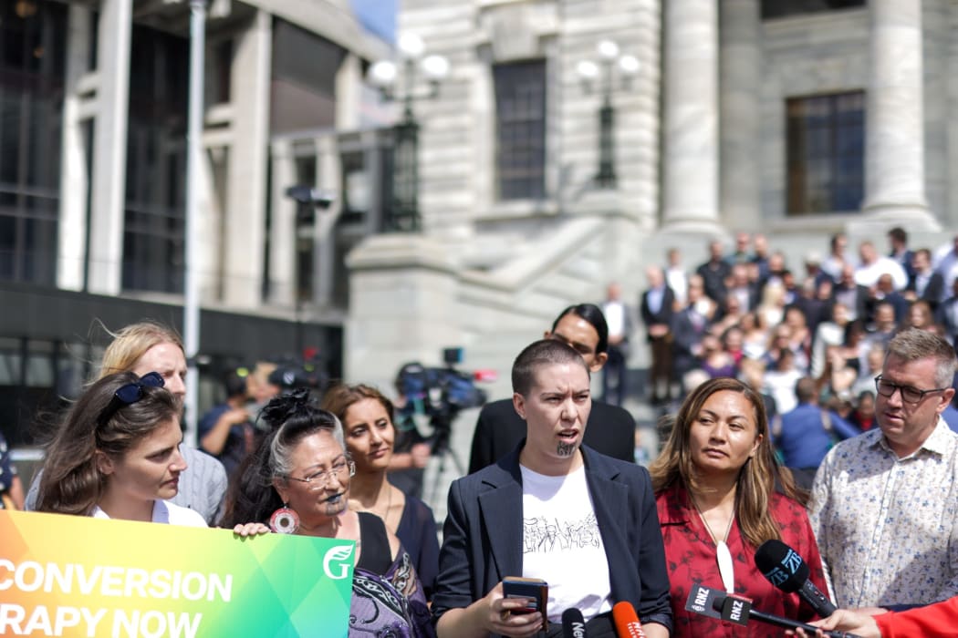 Green Party members and supporters rally in support of a ban on gay conversion therapy.