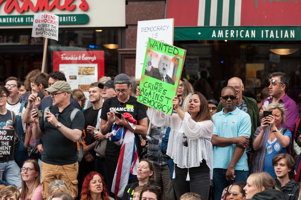 Demonstrators block traffic in Whitehall on 31 August, 2019 in London.