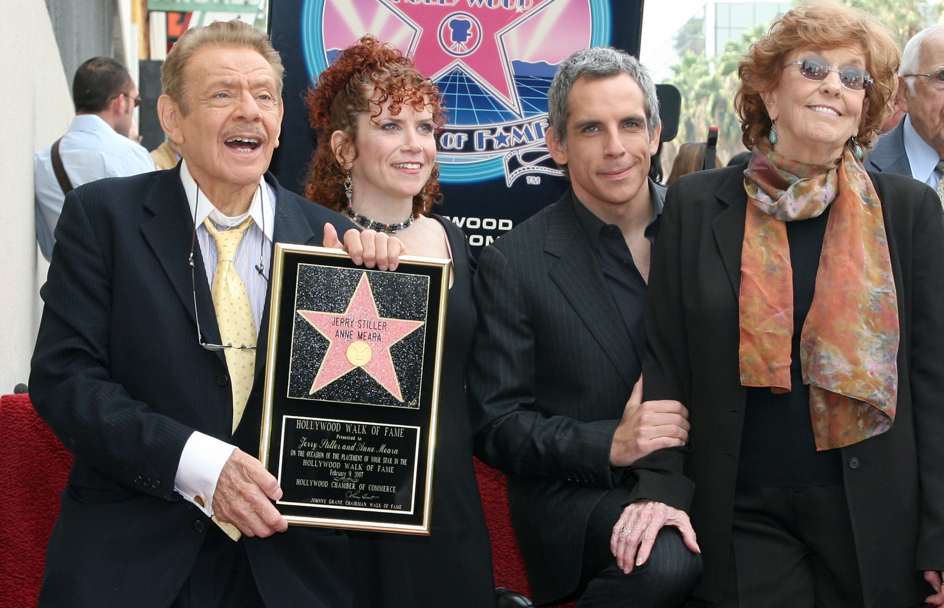 In this file photo from 2007, Jerry Stiller (at left) and his wife Anne Meara (right) pose with their children Amy and Ben, after being honoured with a Star on the Hollywood Walk of Fame.