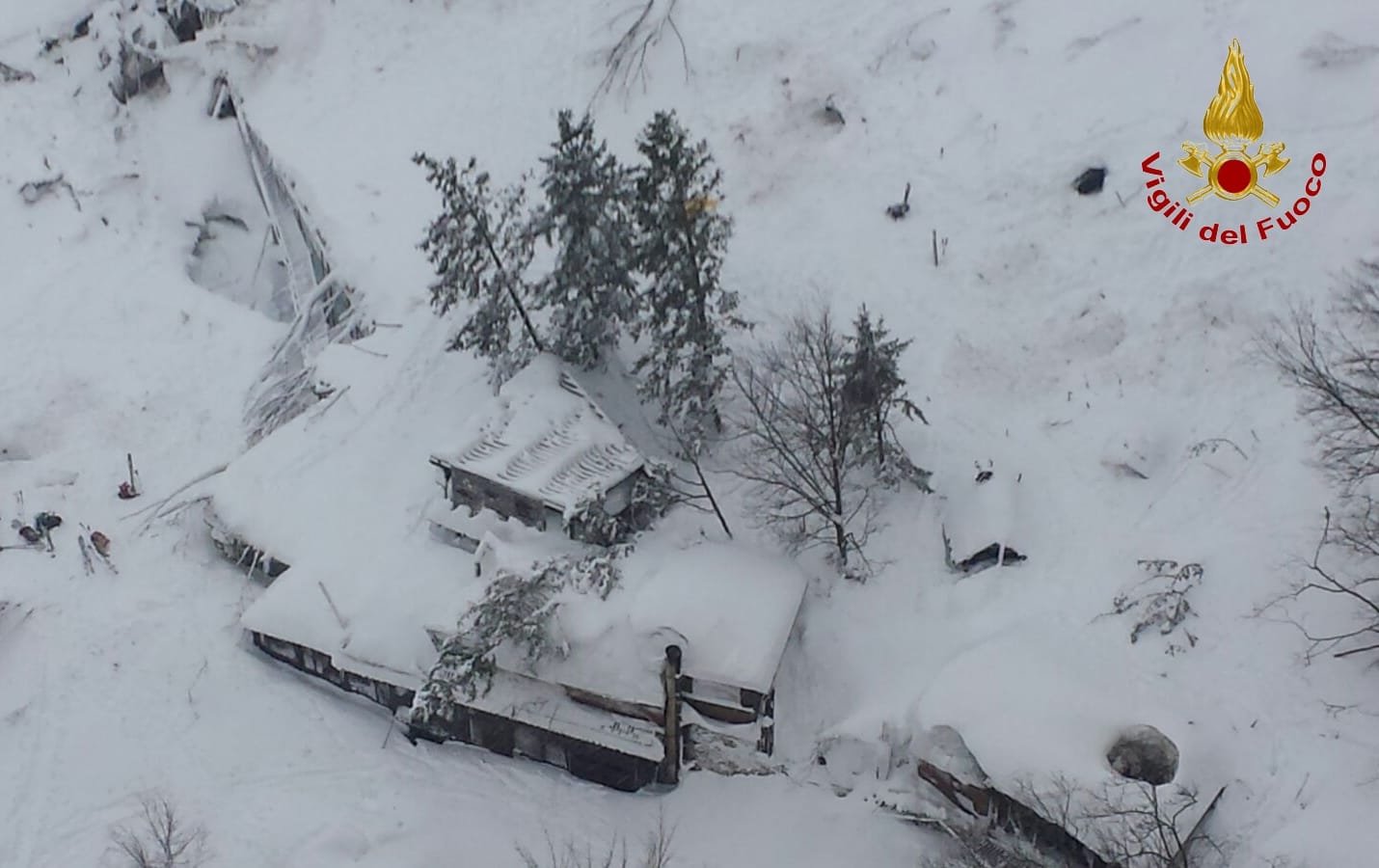 A handout aerial picture made available on 19 January 2017 by Vigili del Fuoco shows Hotel Rigopiano, buried in an avalanche, in the region of Abruzzo near Farindola, Italy.