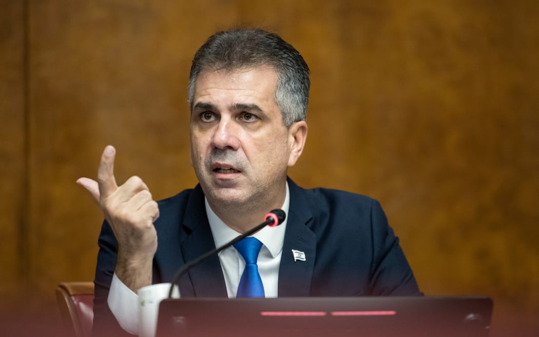 Israel Foreign Minister Eli Cohen speaks during a press conference at the European Office of the United Nations, Palais des Nation, in Geneva on November 14, 2023. (Photo by PIERRE ALBOUY / AFP)