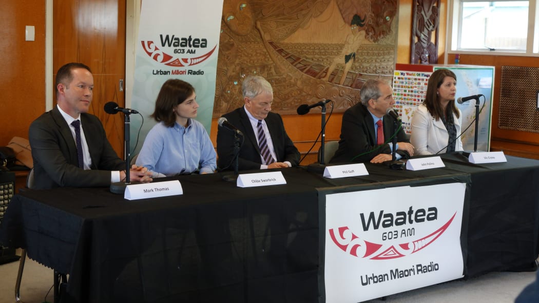 Mayoral candidates Mark Thomas, Chloe Swarbrick, Phil Goff, John Palino and Vic Crone at the Radio Waatea debate in Mangere.