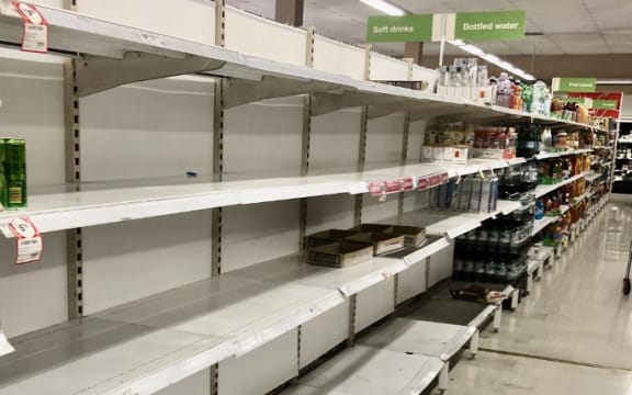 Shelves where disinfectant wipes ,toilet tissues, bottled water, flu medicines are usually displayed are nearly empty at a  local store on March 03, 2020 in Rhodes area ,Sydney, Australia.