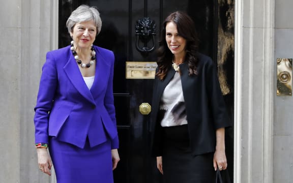 Britain's Prime Minister Theresa May and New Zealand Prime Minister Jacinda Ardern outside 10 Downing Street, before a bilateral meeting.