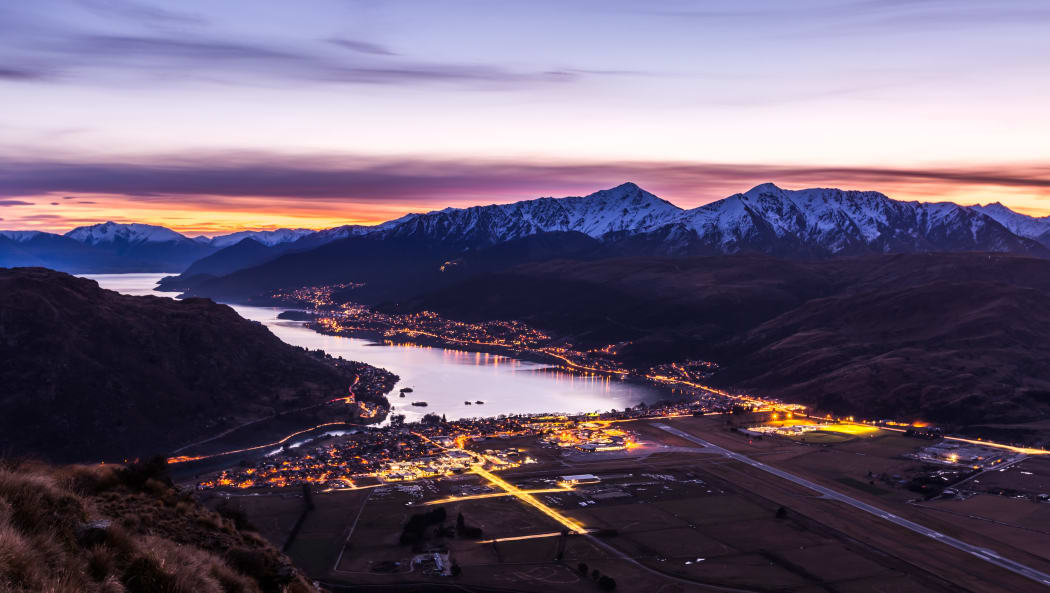 aerial view of Frankton and Lake Wakatipu at twilight  Queenstown, New Zealand