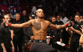 Carlos Ulberg enters the octagon before his unanimous decision over Fabio Cherant at UFC 271 in Texas