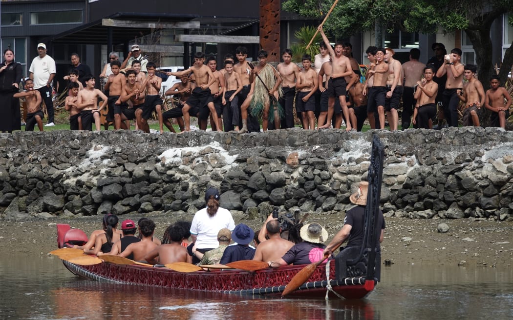 The Governor-General Dame Cindy Kiro's official Northland visit: Students from Te Kāpehu Whetū perform a haka for the Governor-General’s waka.