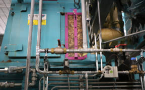 The wood chips being sent into a boiler.