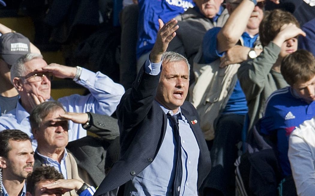 Chelsea manager Jose Mourinho protests during his side's 3-1 home Premier League loss to Liverpool on October 31, 2015 at Stamford Bridge Stadium in London. Photo Ian Tuttle / Backpage Images / DPPI