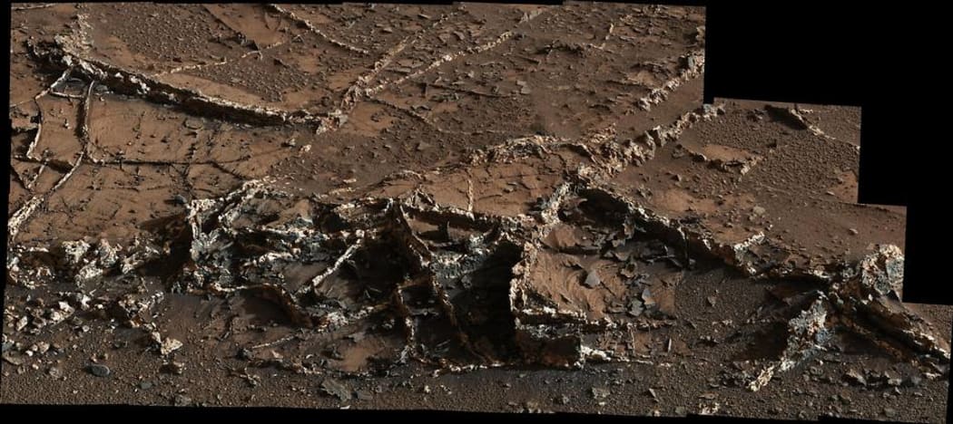 A network of two-tone mineral veins viewed by Curiosity at an area called "Garden City". Mineral veins like these form where fluids move through fractured rocks.
