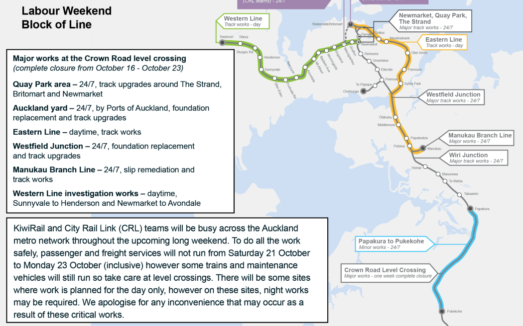 Map showing KiwiRail closures in Auckland over Labour Weekend 2023.