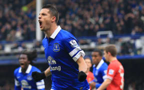 Everton's Kevin Mirallas celebrates scoring a goal.