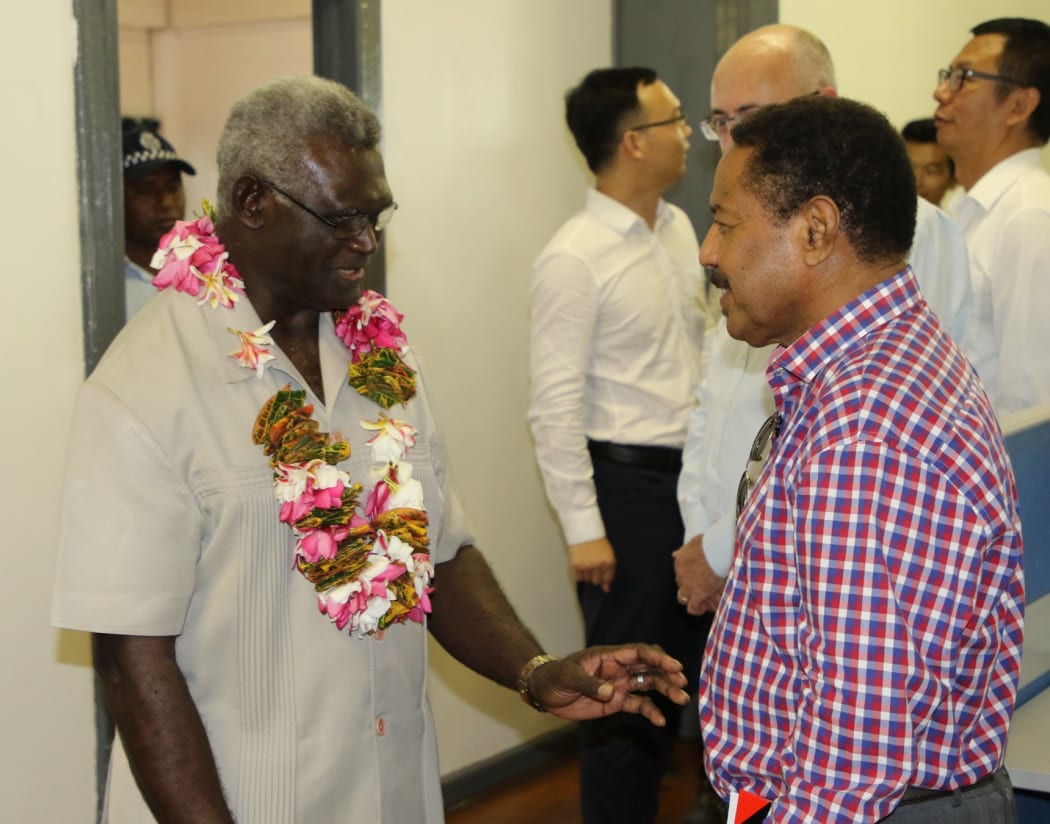 Solomon Islands Prime Minister Manasseh Sogavare (L) opened the Pacific Games Office on Wednesday.