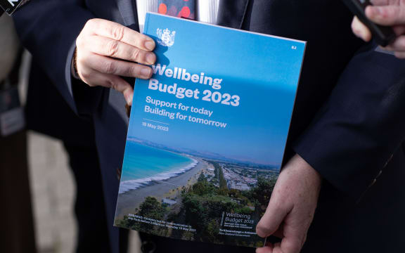 Finance minister Grant Robertson showing the cover of Budget 2023 the day before its reveal