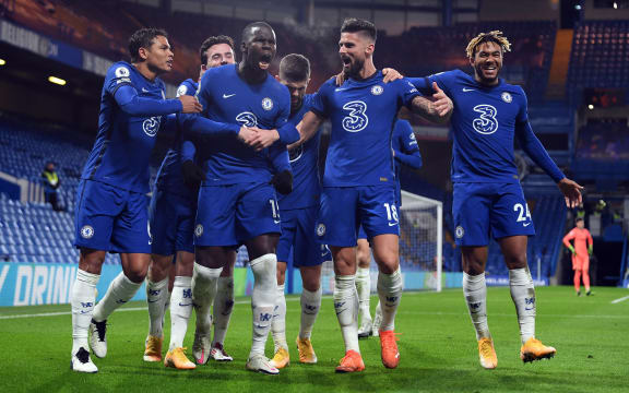 Chelsea's French defender Kurt Zouma (C) celebrates after scoring the second goal during the English Premier League football match against Leeds United at Stamford Bridge in London on December 5, 2020.