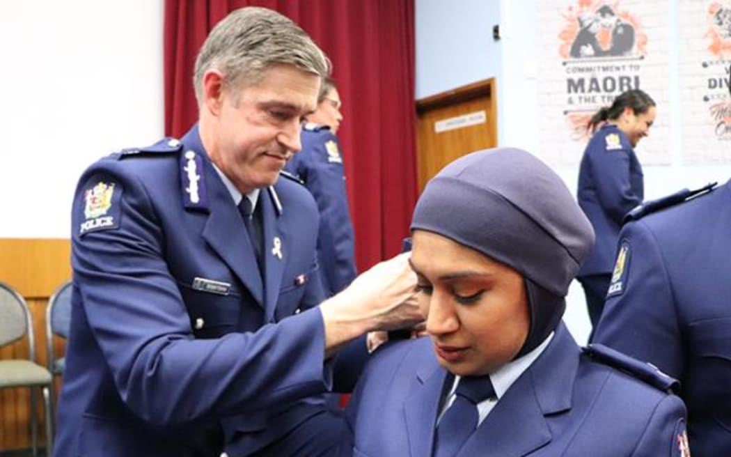 Commissioner Andy Coster and Constable Zeena Ali at her attestation ceremony in November 2020.
