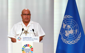 Tuvalu's Prime Minister Feleti Teo delivers remarks during the opening session of the third United Nations Oceans Conference (UNOC3) in the French Riviera city of Nice on June 9, 2025. A global summit on the dire state of the oceans kicks off on June 9, 2025 in France, with calls to ban bottom trawling and bolster protections for the world's overexploited marine areas. (Photo by Ludovic MARIN / AFP)