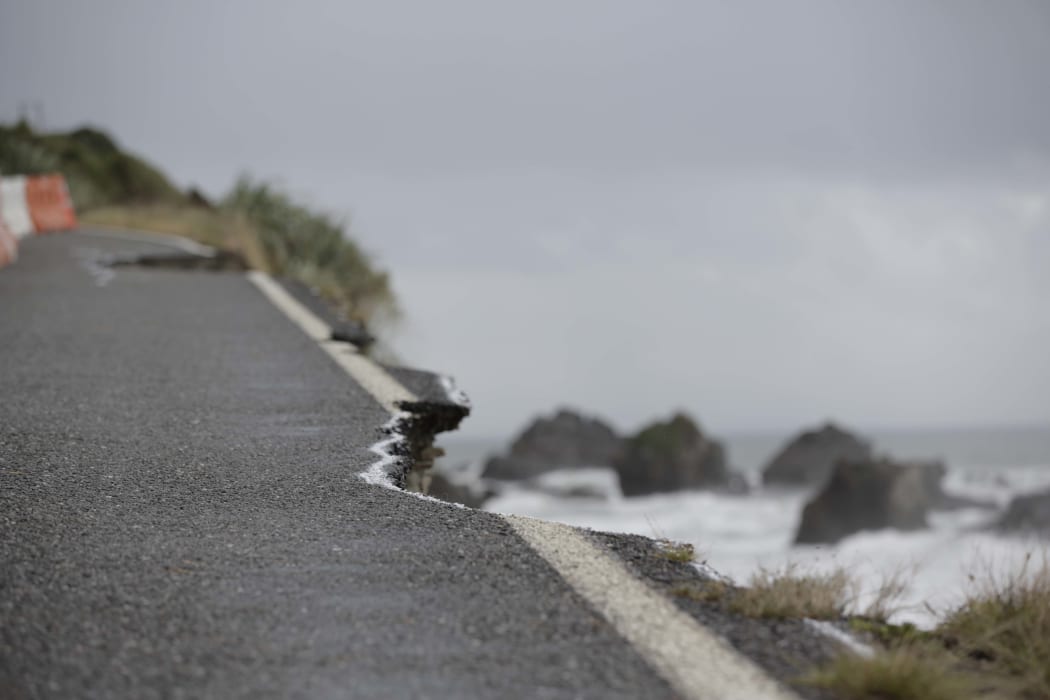 Road damage to Barrytown SH6, chunks of road have been battered by the former Tropical Cyclones.