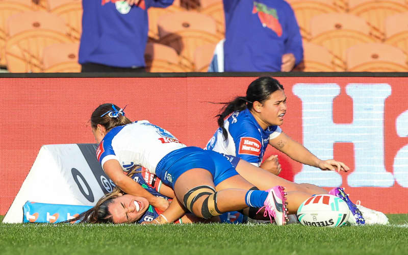 Warriors’ Payton Takimoana is injured whilst trying to score a try during the Warriors v Bulldogs, NRLW match at FMG Stadium, Hamilton, New Zealand on Sunday 5 July 2026. Photo: DJ Mills / Photosport