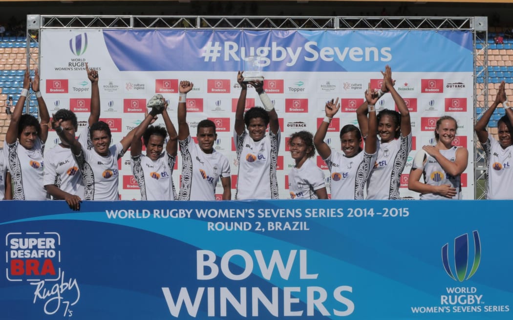 The Fijiana celebrate winning the Bowl title at the Brazil Sevens in Sao Paulo.
