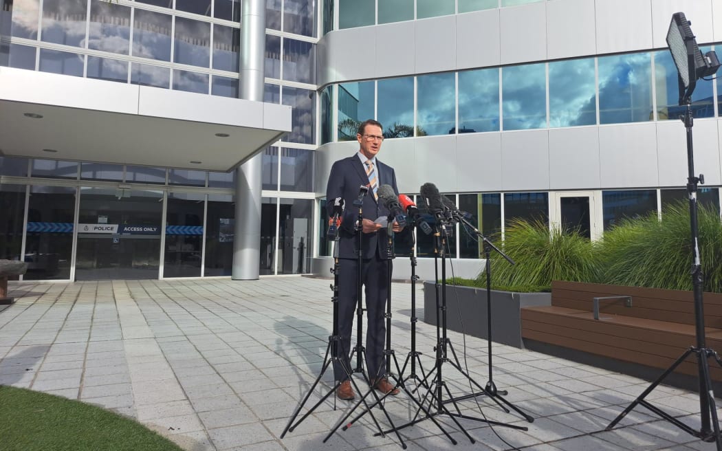 Detective Senior Sergeant Martin Friend speaks to media outside the Auckland Central Police Station following a road rage incident which saw a 15-year-old female shot through a vehicle on 16 May, 2023.