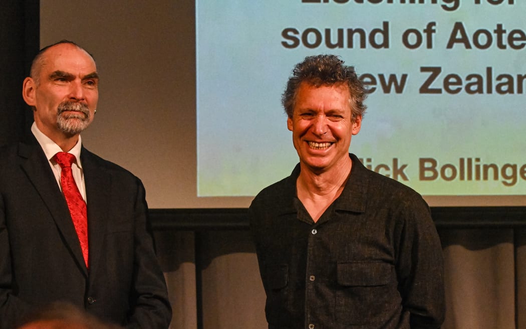 Alexander Turnbull Library Music Curator and Lilburn Trust member, Keith McEwing and Nick Bollinger at the Lilburn Lecture 2023