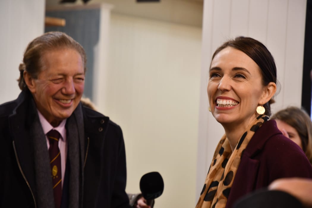 Prime Minister Jacinda Ardern shares a light moment with Invercargill Mayor Tim Shadbolt in September 2020.