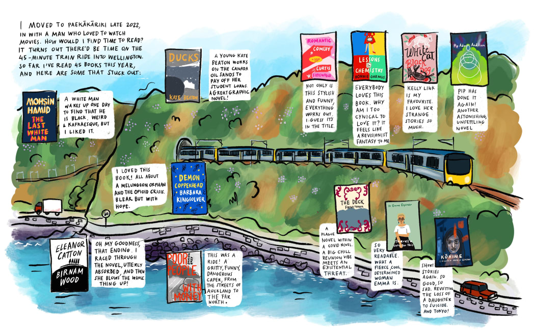 Best of 2023 books spread for NZ Listener by Sarah Laing.