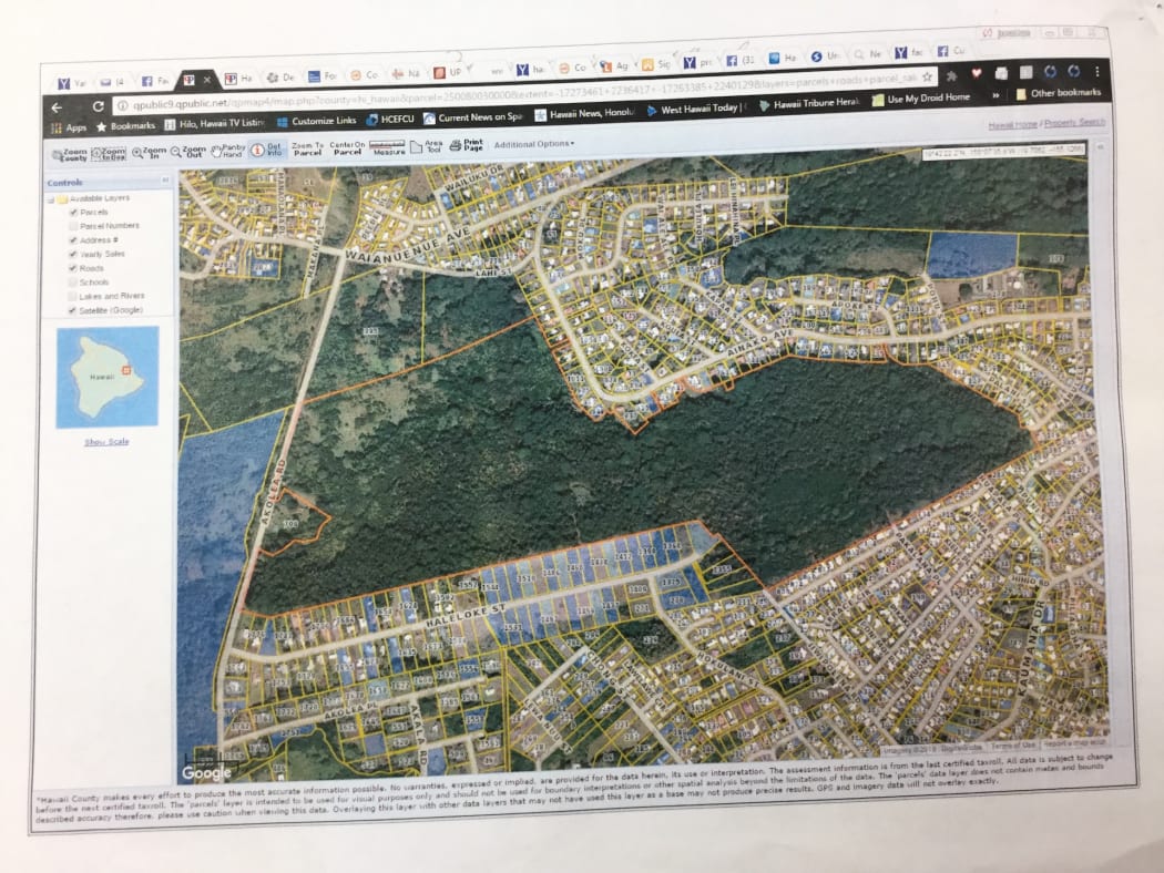 This map shows the 114.5 hectares of undeveloped land purchased by Bikini Islanders outside of Hilo on the island of Hawaii in green (bordered by an orange line), with existing housing around it.