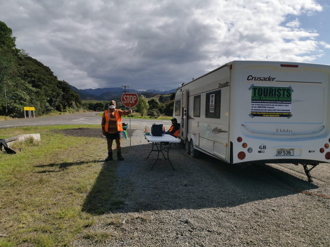 One of several checkpoints along the East Coast's State Highway 35 to stop people travelling during the covid-19 outbreak