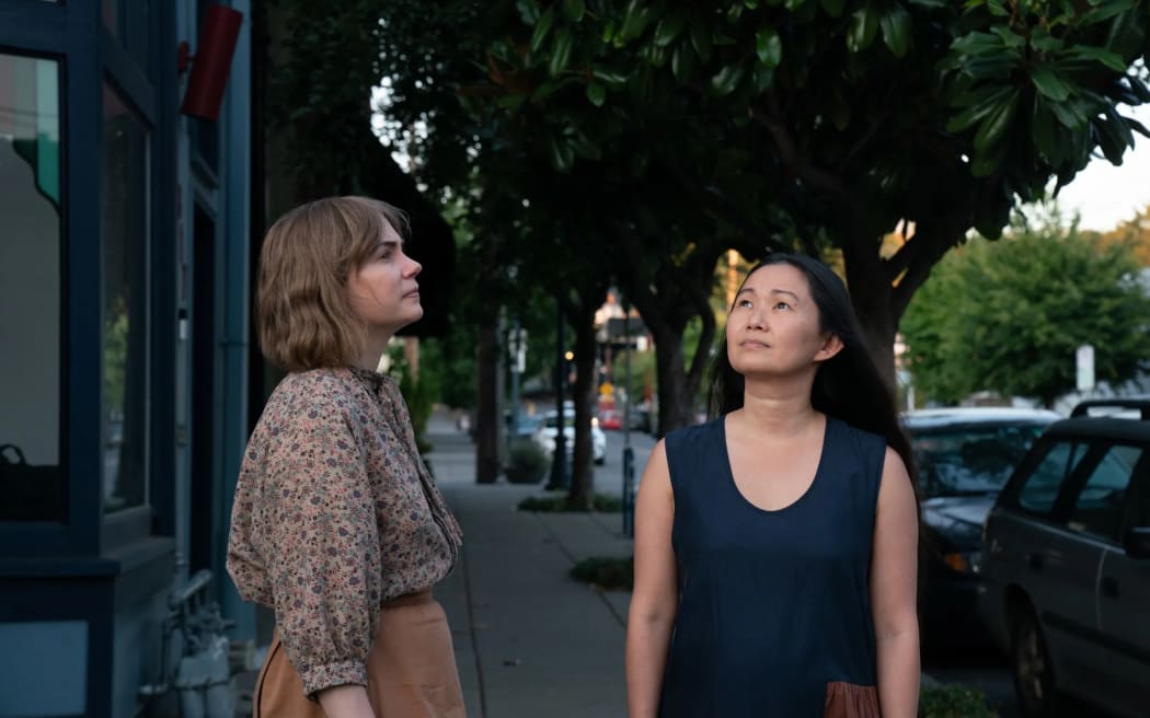 Film still from Kelly Reichardt's 2023 drama Showing Up, starring Michelle Williams and Hong Chau