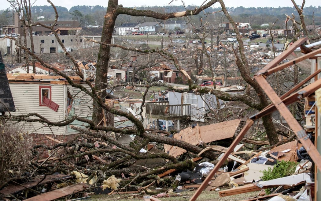 LITTLE ROCK, AR - MARCH 31: The damaged remains of the Walnut Ridge neighborhood is seen on March 31, 2023 in Little Rock, Arkansas. Tornados damaged hundreds of homes and buildings Friday afternoon across a large part of Central Arkansas. Governor Sarah Huckabee Sanders declared a state of emergency after the catastrophic storms that hit on Friday afternoon. According to local reports, the storms killed at least three people.   Benjamin Krain/Getty Images/AFP (Photo by Benjamin Krain / GETTY IMAGES NORTH AMERICA / Getty Images via AFP)