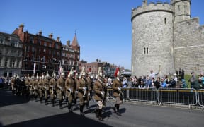 Members of the Household Cavalry take part in a rehearsal for the wedding procession outside Windsor Castle