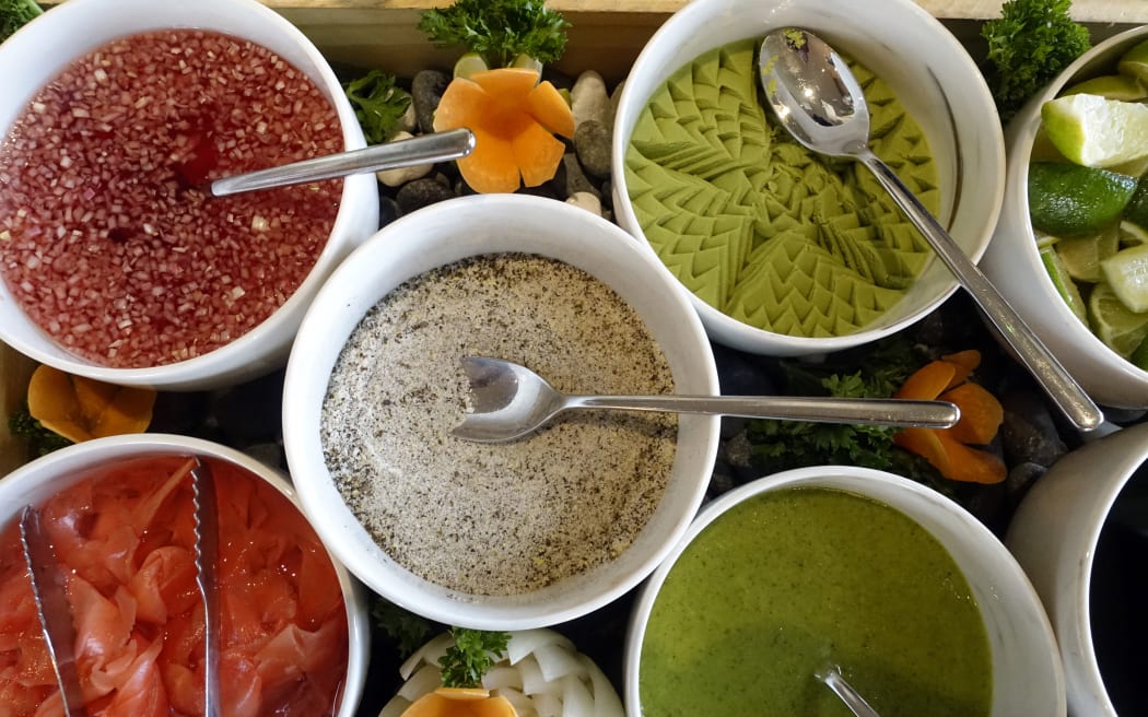 Japanese restaurant 
Japanese restaurant. Wasabi, pepper, ginger, vinegar. Ho Chi Minh City. Vietnam. 

GODONG / BSIP (Photo by GODONG / BSIP / BSIP via AFP)